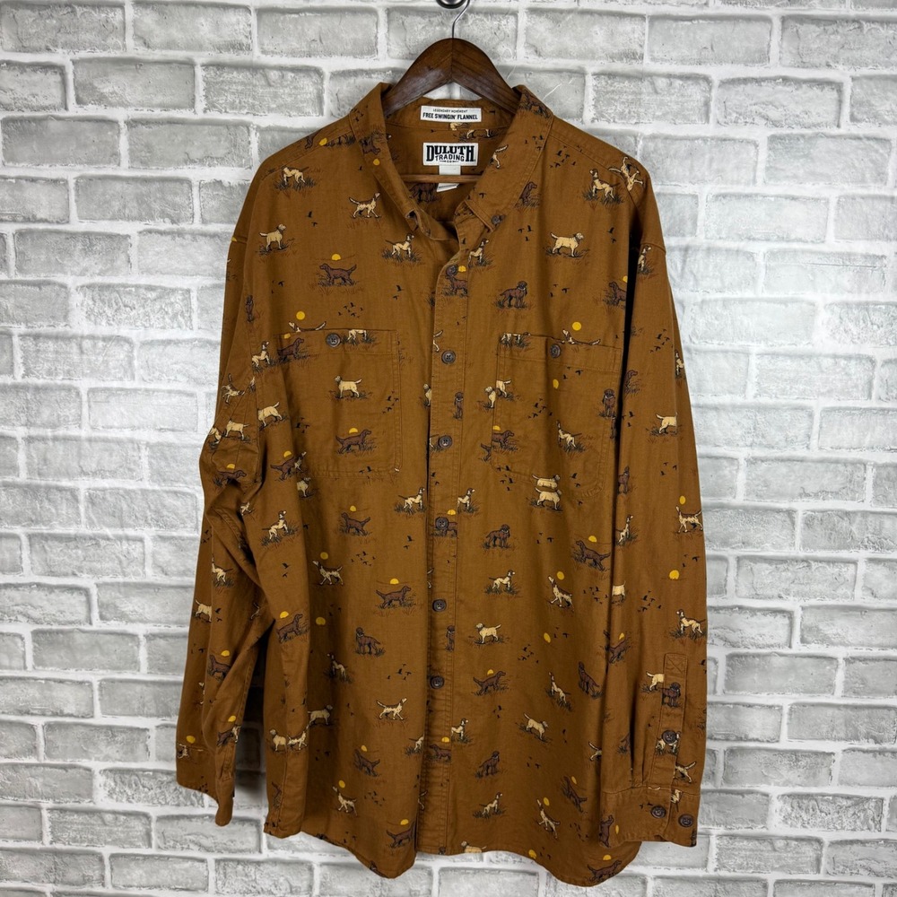 Duluth Trading Co Mens 2XL Tall Free Swingin Flannel Hunting Dog Print Shirt